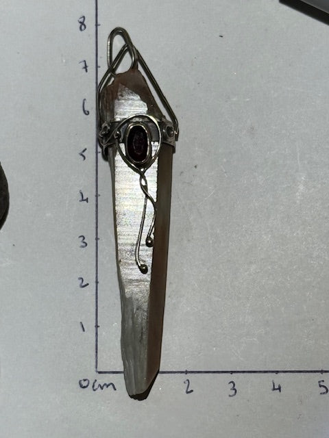 Rooster Tail Quartz (Amphibolia) Pendant with Red Garnet