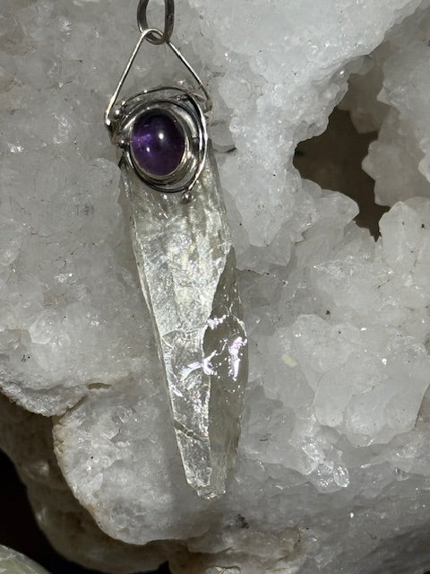 Hiddenite pendant with amethyst (silver setting)