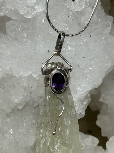 Hiddenite pendant with amethyst (silver setting)