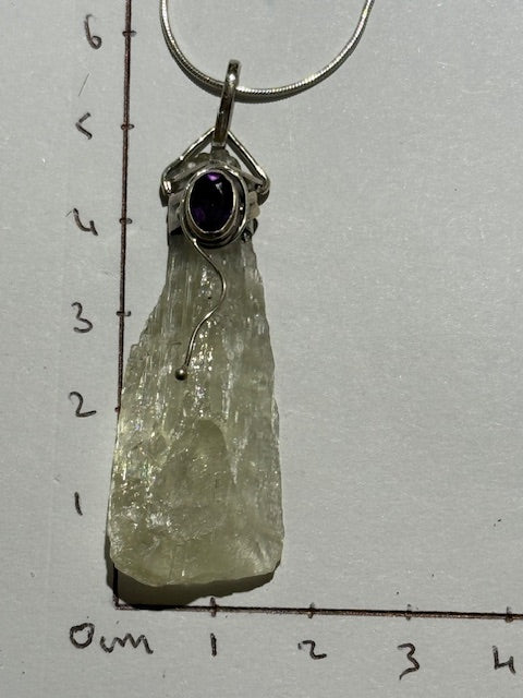 Hiddenite pendant with amethyst (silver setting)