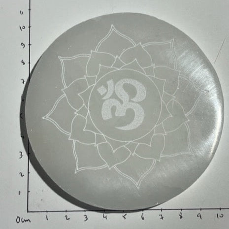 OM or Aum Engraved Plaque in Selenite 10cm
