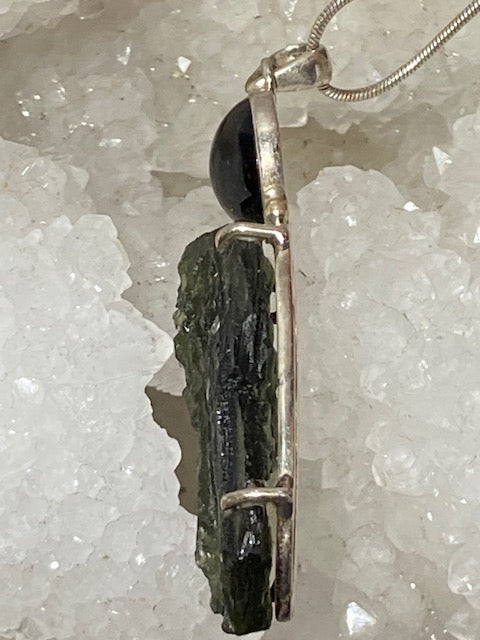 Moldavite Besednice &amp; Black Tectite Pendant (Silver Setting)