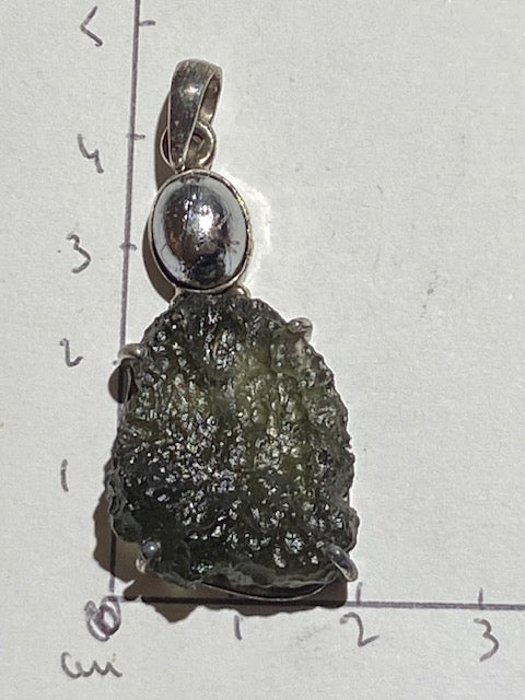 Besednice Moldavite Pendant with Muonionalusta Meteorite Cabochon (Silver Setting)